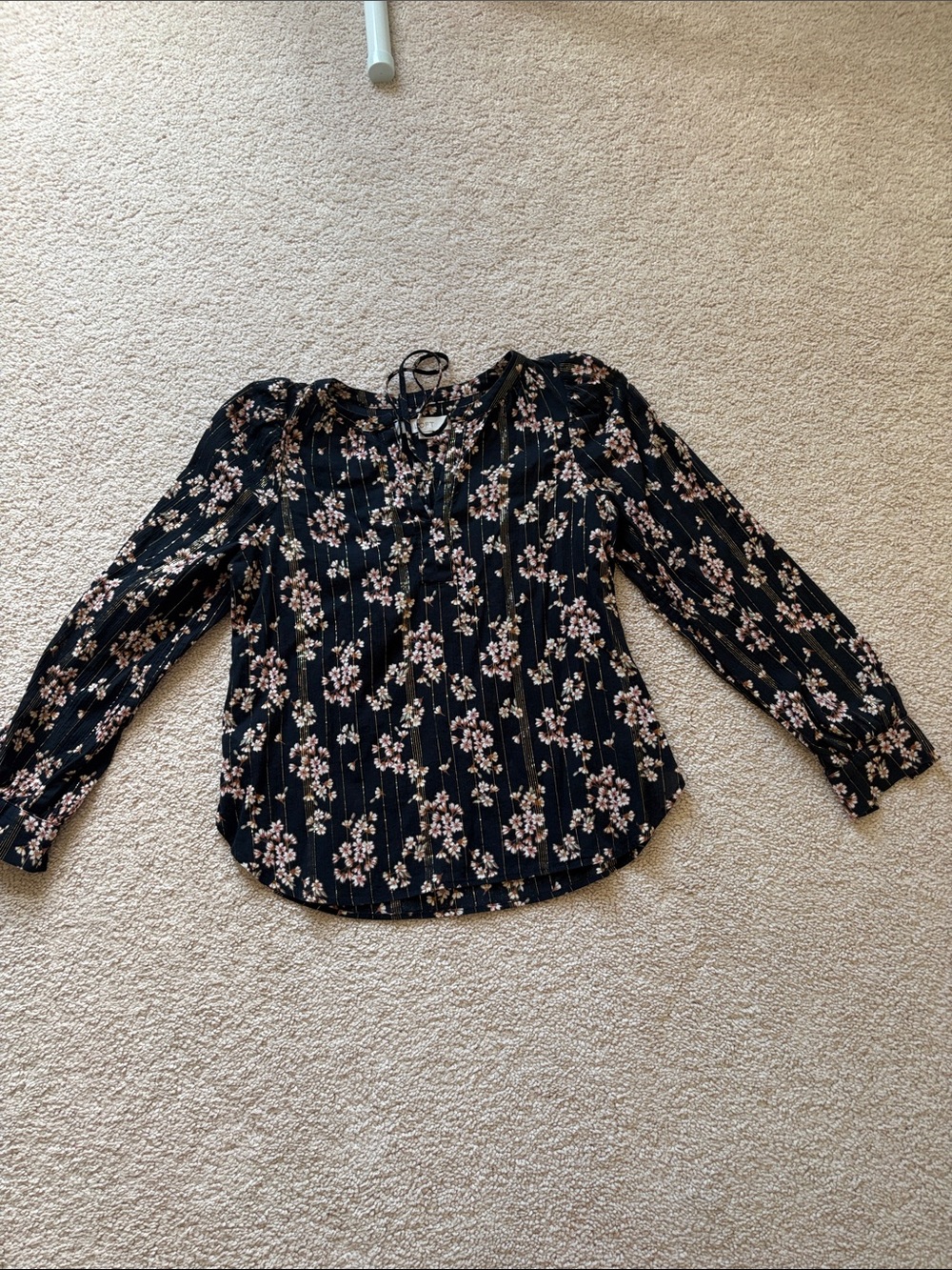 LOFT Black Floral Tie-Neck Long Sleeve Blouse